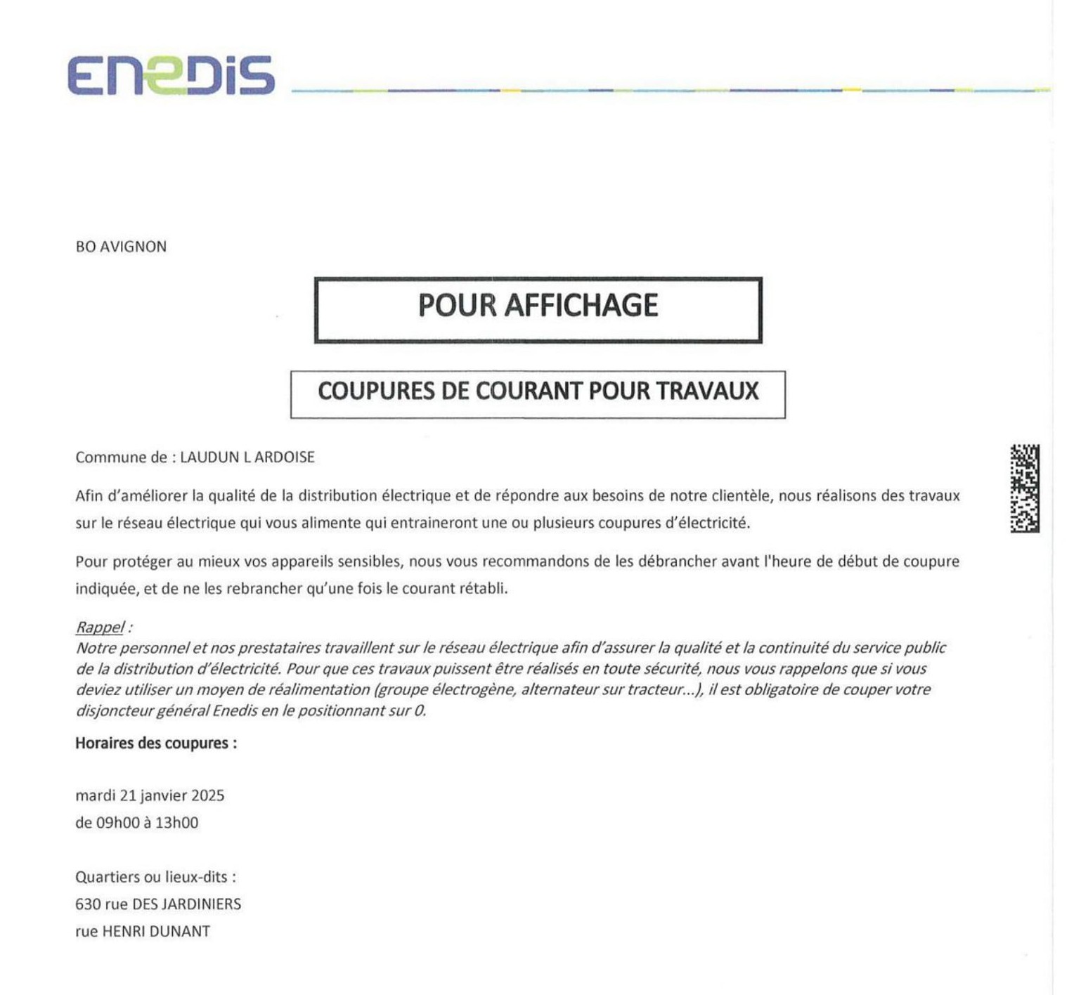 ENEDIS COUPURE 21 01 2025 8H 14H 3