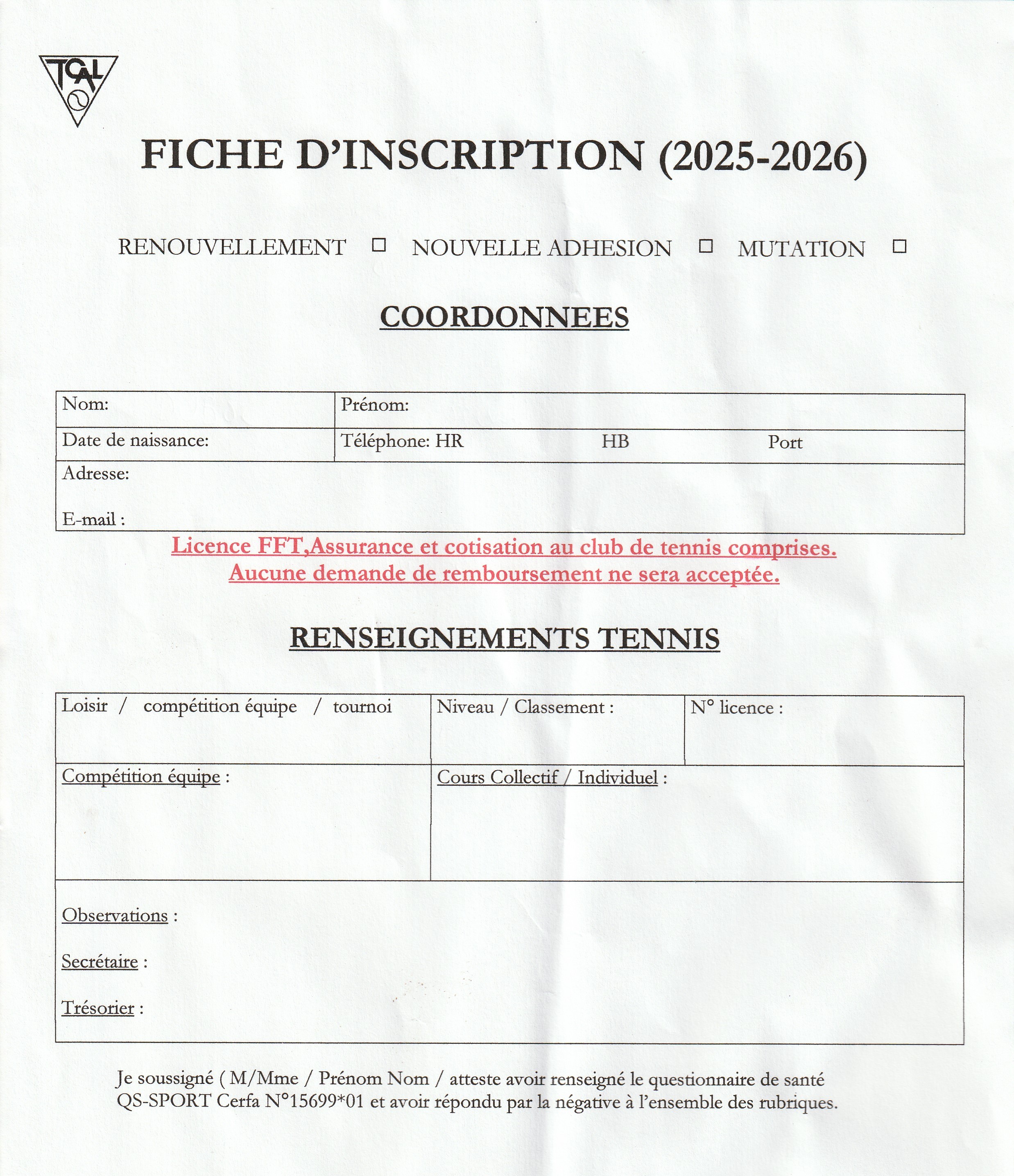 tennis fiche inscription adultes 2025 2026